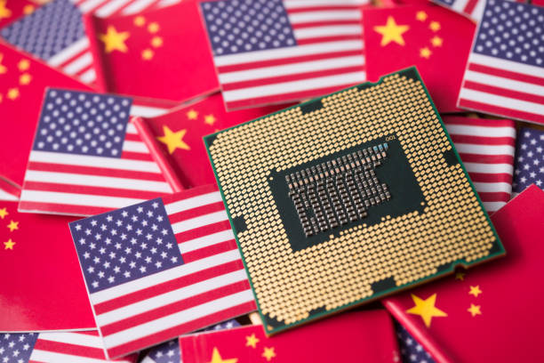istock CPU computer (central processing unit) on Chinese and USA flag background. 2170149237