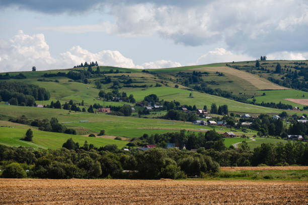 A rural landscape showcasing farmland in the foreground, with lush green fields and scattered houses. Majestic mountains rise in the background under a dramatic cloudy sky, creating a peaceful yet striking scene.