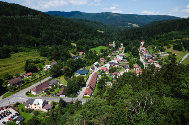 istock aerial view of small village surrounded by greenery 2170149825