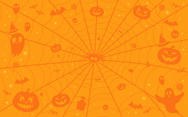 ilustrações de stock, clip art, desenhos animados e ícones de halloween orange background vector design. spooky ghost and halloween elements on spider web background - halloween