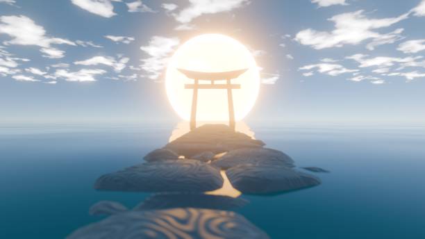 istock Pathway to Tranquility: Modern 3D Representation of a Traditional Torii Gate at Sunrise 2170153876