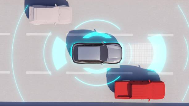 istock A self-driving electric car that senses traffic on a multi-lane road changes lanes 2170154227