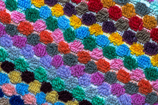 A close-up macro photo highlighting the colorful, intricate details of a textured towel.