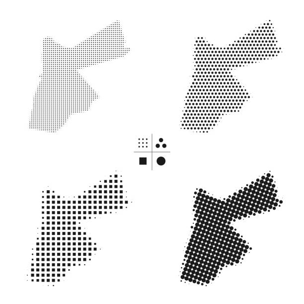 ilustraciones, imágenes clip art, dibujos animados e iconos de stock de mapas de puntos de jordania - 4 estilos de semitonos diferentes - jordania