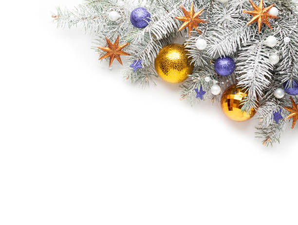 istock Christmas tree branches with  decorations isolated  on white background. Flat lay.Christmas and New Year background 2170162203