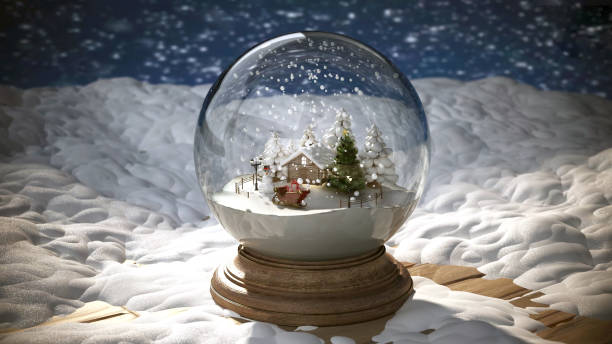A charming winter landscape captured within a snow globe features a tiny cottage, evergreen trees, and softly falling snow, setting a warm holiday atmosphere.