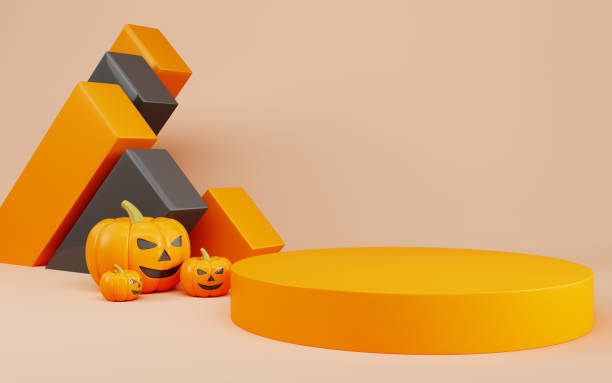 istock Halloween pumpkins with yellow podium on beige background. Minimalism concept 2170170877