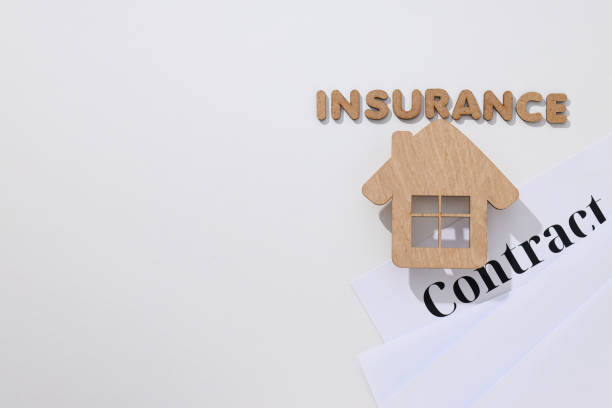 istock Wooden house, words Insurance and Contract on white background, space for text 2170175963