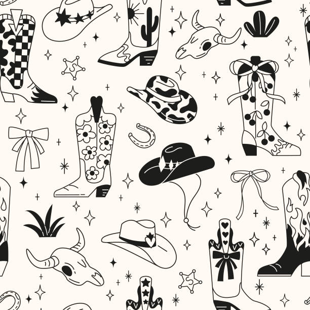 Seamless pattern with various doodle line style trendy cowboy boots and hats in desert.Groovy American western footwear. Vector funky illustration.