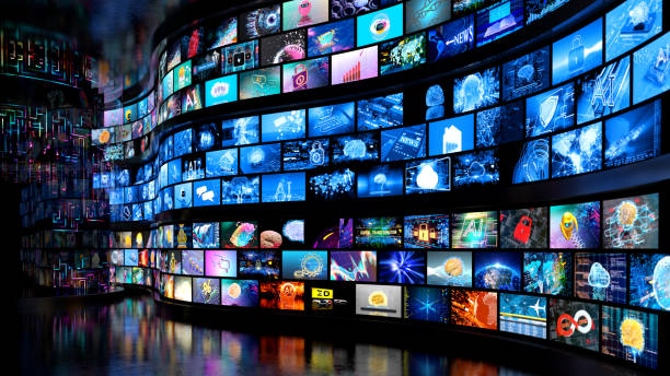 Video wall TV. Media concept - multiple television screens. Video wall with small screens digital concept tv stock pictures, royalty-free photos & images
