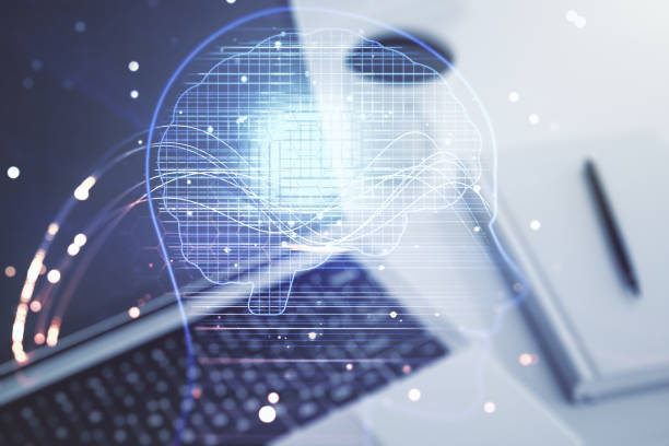 istock Double exposure of creative artificial Intelligence symbol with modern laptop on background. Neural networks and machine learning concept 2170185395