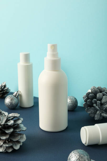 istock Cosmetic bottles, cones and balls on blue background 2170191147