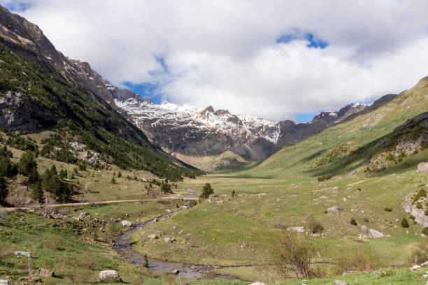 istock Alpine valley with a flowing stream, surrounded by green meadows and snow-capped mountains under a partly cloudy sky 2170191381