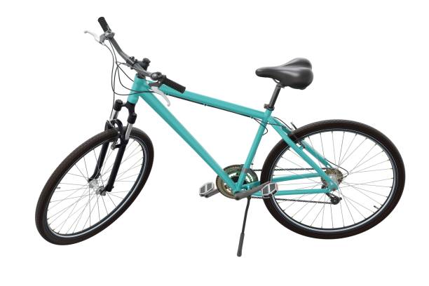 istock Blue teal bicycle standing on kickstand, side back view isolated on white background, 3D illustration 2170191604