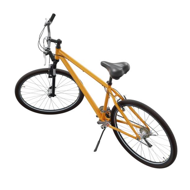 istock Orange bicycle standing on kickstand, side back view isolated on white background, 3D illustration 2170192118