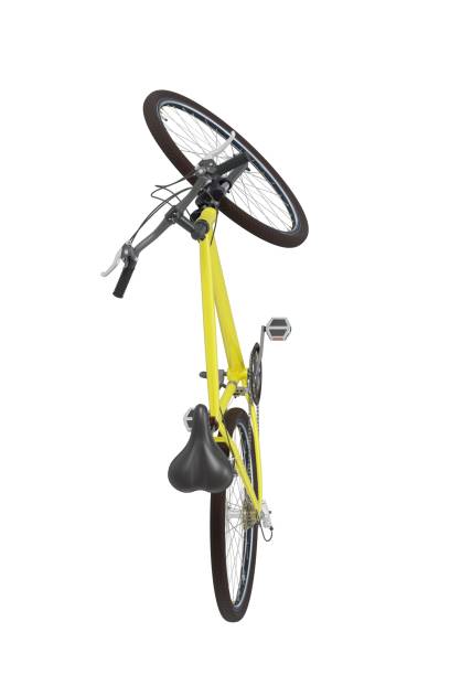 Yellow bicycle standing while leaning on kickstand, top view. Bike resting on kick stand isolated on white background, 3D illustration