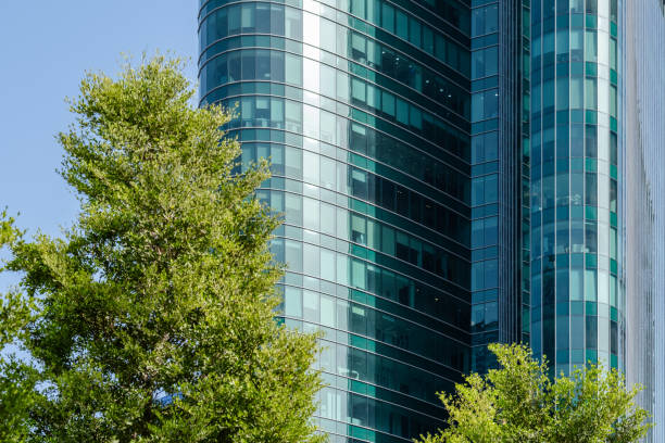 istock Large curved glass office building facade with trees in foreground, contemporary style architectural design 2170197582
