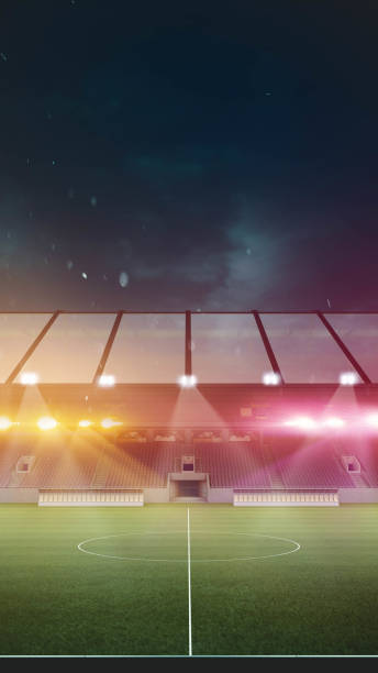 Poster. Stadium lights illuminate field, highlighting center circle against backdrop of dark, stormy sky with raindrops barely visible. Concept of sport events, competition, active game, match. Ad