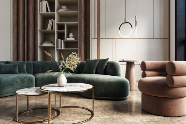 Modern elegant living room - interior design - 3d render Living room interior design- 3d render with green, beige and brown colored furniture and wooden elements art deco vase stock pictures, royalty-free photos & images