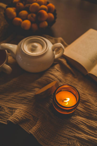 istock Candle lit amidst a cozy setup with tea, sunflowers, and apricots, exuding warmth and tranquility 2170202933