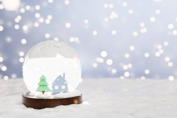 Snow globe featuring a house and tree, evoking a cozy winter holiday scene. 3d rendering