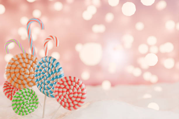 Colorful lollipops on a snowy surface, creating a festive atmosphere for winter celebrations. 3d rendering