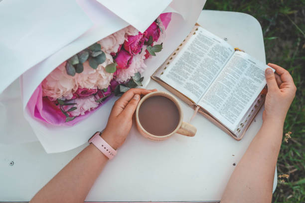 Cup of BLESSED in hands, good morning, Christian concept.