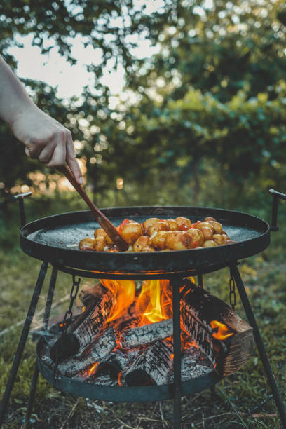 istock Potatoes with meat fried on fire, picnic in nature 2170205321