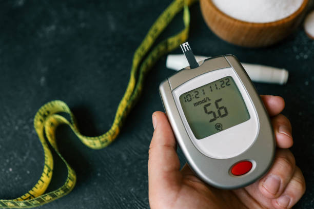 istock Instruments for measuring blood sugar top view on black background 2170205342
