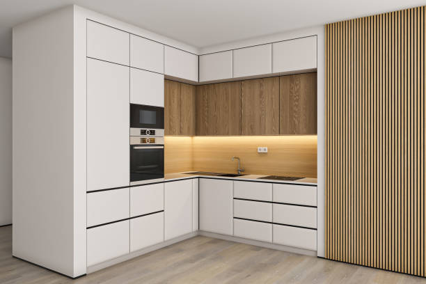 istock Modern Small White and wood minimalist kitchen L shape. White and light matte materials. Oak wood details. 2170207011