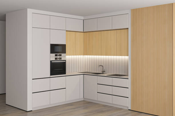 istock Modern Small White and wood minimalist kitchen L shape. White and light matte materials. Oak wood details. 2170207037