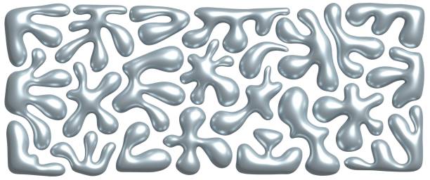 istock Chrome 3D liquid metal elements set in Y2K style. Wavy metal shapes and silver droplets. Abstract organic forms, elements design for futuristic chrome visuals and 3D design projects. 3D Illustration 2170209635