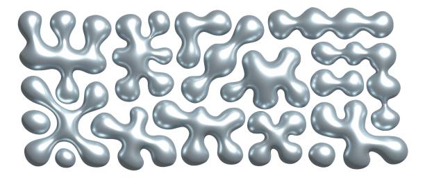 Chrome liquid 3d shapes set in y2k style isolated on a transparent background. Render of 3d metal silver element, bubble melt fluid form in retro aesthetic futuristic style. 3d realistic illustration