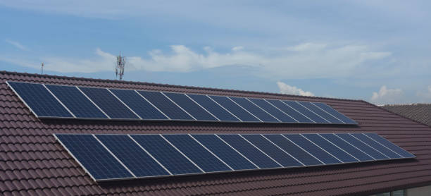 istock Solar panel on rooftop, alternative electricity energy source for commercial and factory building 2170210862