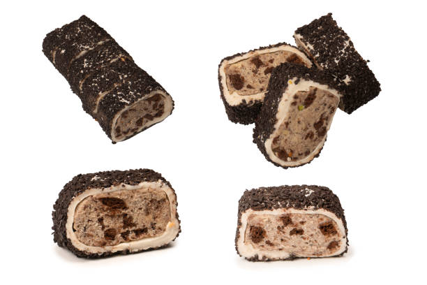 Sweet roll with chocolate and nuts, turkish sweets. Turkish rahat isolated on a  white background.