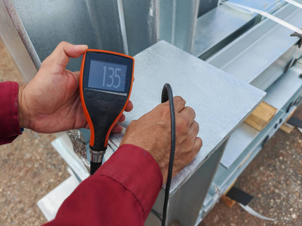 istock Measure the Coating Thickness Galvanized with a Coating Thickness Gauge by Specification of Project for Steel Structure Work at Industrial Factories. 2170217435