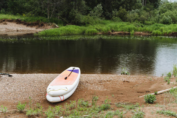 Imagine a serene river scene with lush greenery, a paddleboard gliding by, creating a peaceful ambiance. Relax at this riverside retreat in the idyllic landscape