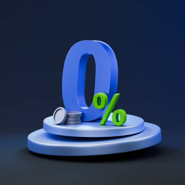 istock 0 percent 3d render in metal style with coins on stage, podium and dark background. Zero percent interest rate for banking loan and credit shopping banner background. 3d number letter 2170223466