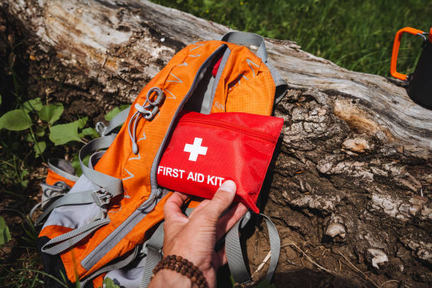 istock A red first aid kit is in a backpack, a hand holds a first aid kit. 2170223573