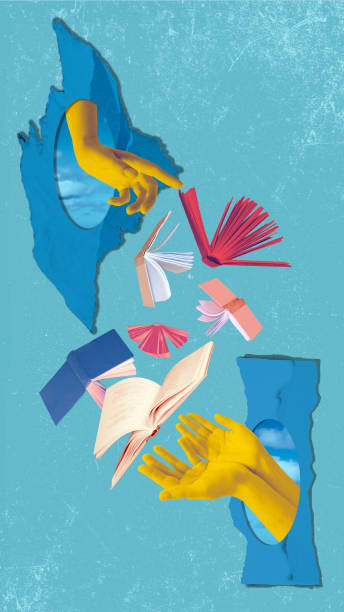 istock Human hand and open books over abstract background. Contemporary art collage. Concept of education, reading, knowledge 2170225436