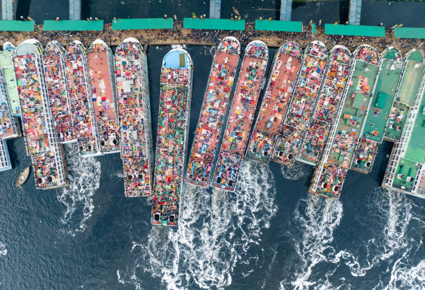 Aerial view of the harbor in Cebu city with various ferries and ships.