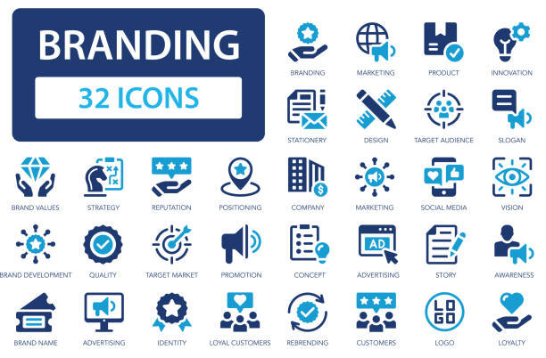 ilustraciones, imágenes clip art, dibujos animados e iconos de stock de colección de iconos de marca. crear, desarrollar y promocionar una marca. logotipo, nombre, producto, marketing, estrategia, publicidad, idea. icono vectorial plano simple. - adulación