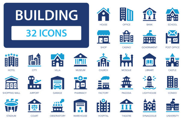 ilustraciones, imágenes clip art, dibujos animados e iconos de stock de conjunto de iconos de edificios. los edificios son diferentes en propósito y estilo. casa, hospital, oficina, banco, escuela, hotel. - sector de la construcción