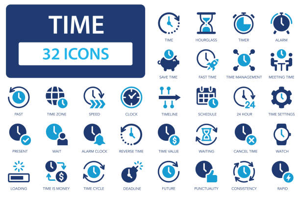stockillustraties, clipart, cartoons en iconen met time icon set. time management and tracking. alarm, timer, schedule, hourglass. - het-verleden