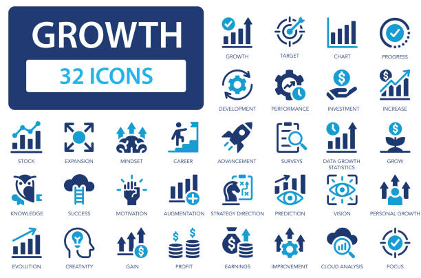 sada ikon růstu. spojení symbolů růstu a úspěchu. růst, výkon, rozvoj, zlepšování, růst, graf, zvyšovat. - profesionál stock ilustrace
