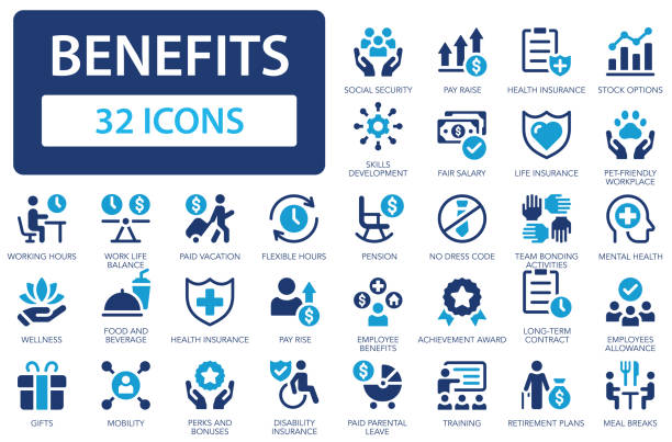 symbolsatz für mitarbeiterleistungen. krankenversicherung, bonus, sozialversicherung, mutterschaftsruhe, bezahlt. - versicherung stock-grafiken, -clipart, -cartoons und -symbole