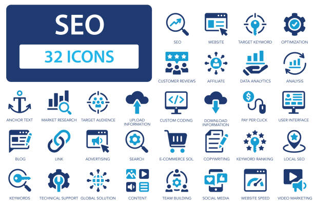 illustrazioni stock, clip art, cartoni animati e icone di tendenza di set di icone seo. assistenza nella ricerca di dati e informazioni. ottimizzazione per i motori di ricerca, contenuti, analisi, traffico, link, marketing, posizionamento. - motore di ricerca
