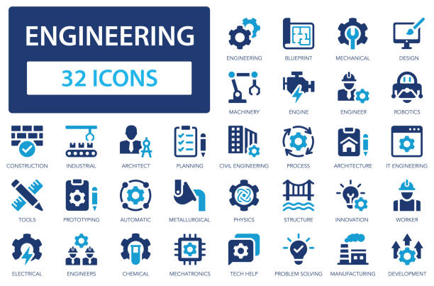 ilustraciones, imágenes clip art, dibujos animados e iconos de stock de conjunto de iconos planos de ingeniería. fabricación, ingeniero, proyecto, robot, maquinaria, construcción, motor. - herramientas de fabricación