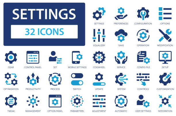 Settings flat icons set. Gear, adjustments, setup, preferences, containing options, controls, service, operation. Settings flat icons set. Gear, adjustments, setup, preferences, containing options, controls, service, operation. system configuration stock illustrations
