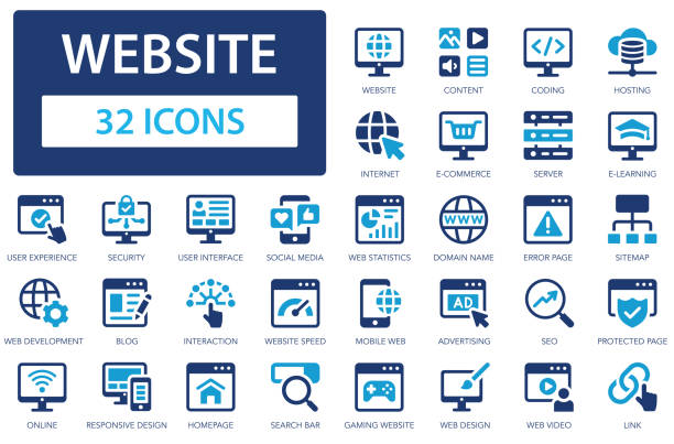 stockillustraties, clipart, cartoons en iconen met website flat icons set. server, ontent, link, hosting, e-commerce, content, coding. - website